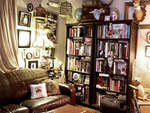 Among the treasures in Britton's living room are a chandelier that he found on the street and rewired himself, a medical bag that he uses to transport jewelry to shows and a collection of vintage birdcages that are placed around his bookshelves. "I bought