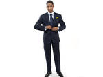 This custom-made, navy pin-striped suit by local designer Kevin  Dickensis part of what Davis calls "the look of sophistication." Accents  such as a yellow pocket square (also by Dickens), a patterned Gene  Meyer tie (dougandgenemeyer.com) and Angela Falc
