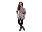"This ensemble recently became my go-to. I'll wear it two to three times  in a row. I know, I'm terrible," says Kola. She wears a vintage  Northwest Territory flannel shirt purchased for $1 from a Salvation Army  store in her hometown of Albany, with an o