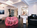"My name for this is the S&M Couch," jokes Propp about the plastic-covered, space-age sofa by forward-thinking Italian design company Edra (edra.com). Other showstoppers in the foyer and living room include artist Roberto Mora's towering abstract bookshel