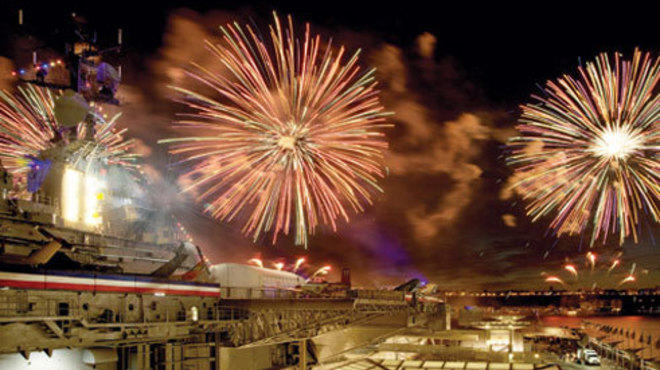 Fourth of July fireworks seen from the Intrepid