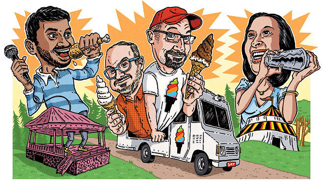 From left: Aziz Ansari, Bryan Petroff and Doug Quint of Big Gay Ice Cream, Julie Reiner