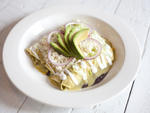 Complimentary chicarrines with vegetarian enchiladas