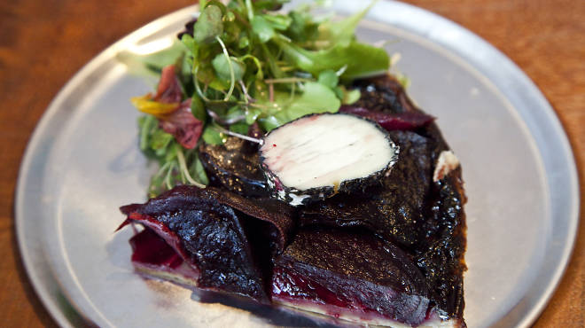 Beet tartine with ash goat cheese and micro-herbs at the Leadbelly