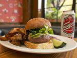 Burger and beer combo at Allswell, narragansett beer