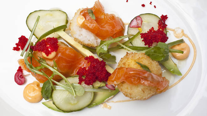 Sushi rice balls with avocado, spicy mayo and tobiko at Chez Sardine