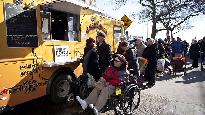 Gorilla Cheese NYC distributing food at Brighton Beach in November 2012