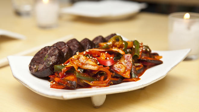 Blood sausage stir-fry at Hanjan