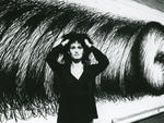 Judith Bernstein in front of Horizontal Plus 3
