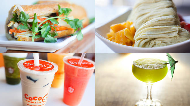 <em>Clockwise from top left:</em> banh mi from Nong Lá Vietnamese Cafe, snow cream from Blockhead's Shavery Company, Gama Ray at Plan Check, boba at Coco Fresh Tea & Juice