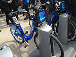 A CitiBike in a docking station in Dumbo