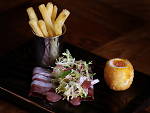 Duck, smoked ham, eggs and chips