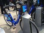 A CitiBike in a docking station in Dumbo