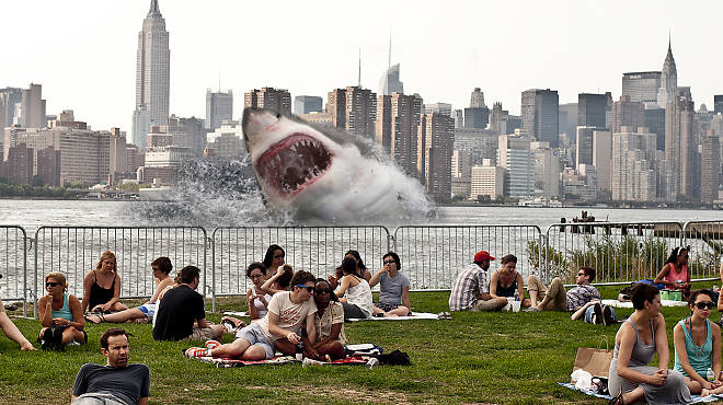 Artist's rendering of a possible Williamsburg shark attack