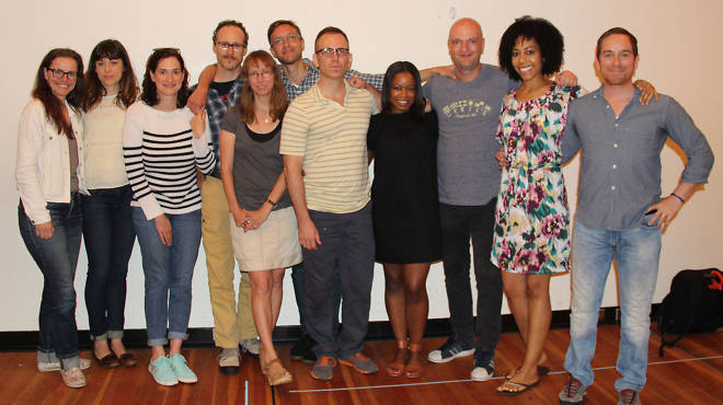 Playwright Anne Washburn, fifth from left, poses with the cast of Mr. Burns.