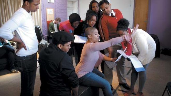 Lili-Anne Brown, center, in rehearsal with cast members of Bailiwick Chicago's Passing Strange