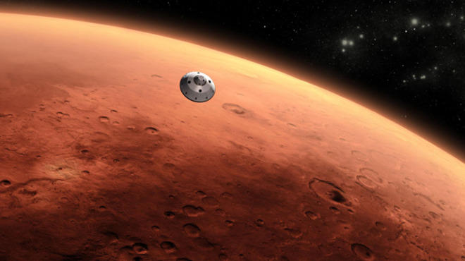 The Mars Science Laboratory in flight, as depicted in an artist's rendering.