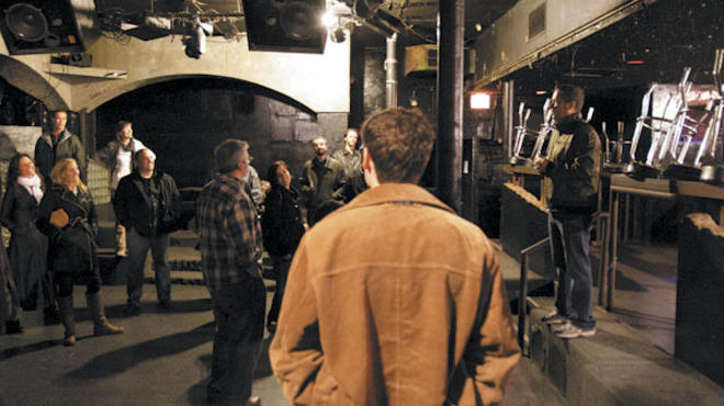Inside Neo nightclub with Chicago Rocks Music bus tour guide Phil Rockrohr.
