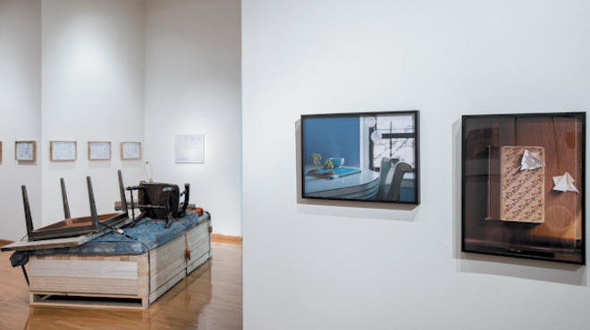 Installation view of "Structures for Reading" at the Center for Book and Paper Arts, Columbia College, 2013, showing works by Sebura & Gartelmann, left, and Liz Sales.