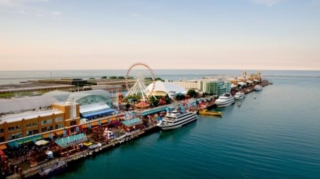 Best Chicago attractions: A top-down view of Navy Pier belies the logo-T insanity below.