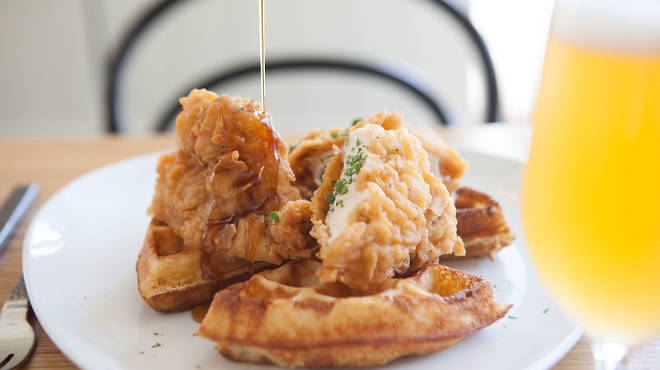 Fried Chicken and Waffles ($11) at�GT Fish & OysterHidden amid a menu bursting with East Coast seafood staples, a somewhat traditional Southern fried chicken sneaks onto the weekend brunch menu at this River North restaurant. The chicken is plump and t...