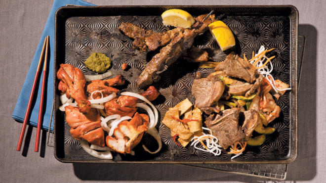 Left, Indian and Pakistani tandoori, middle, Greek souvlaki, right, Korean kalbi