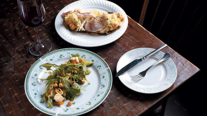 Chickpea salad and country ham “crust”