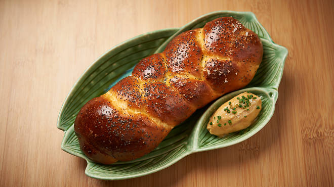 Challah with golden-raisin butter at Shalom Japan