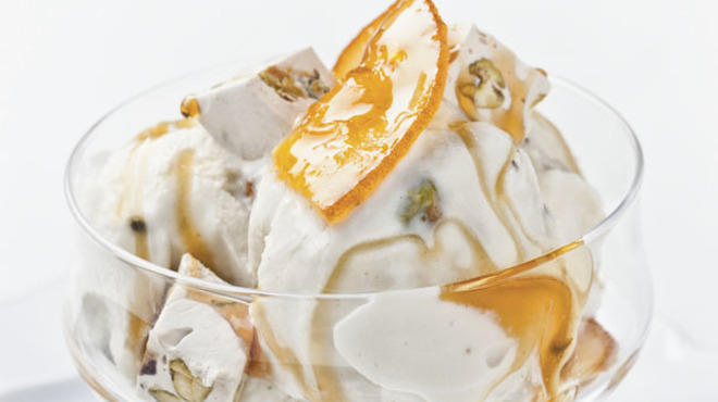 Pistachio gelato with nougat and burnt-orange caramel
