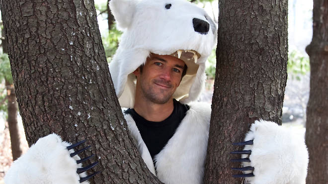Hans Reichstetter, cofounder of Griz Coat, wearing a polar-bear coat in Central Park