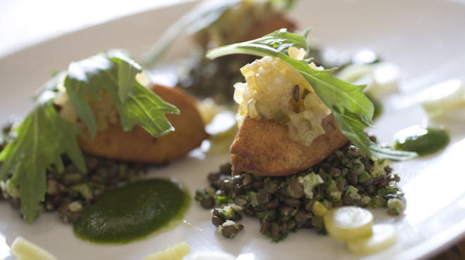 Crisp falafel with lentil tabouli, celery chutney, green garlic and preserved lemon at Premise