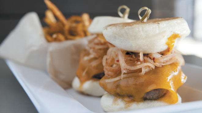 BellyQ Burger on a Homemade Chinese Bun with Green Papaya and Togarashi French Fries