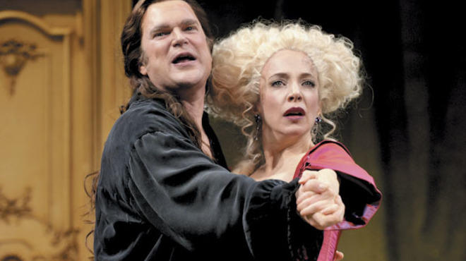 Ben Carlson and Deborah Hay in The School for Lies at Chicago Shakespeare Theater