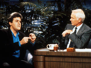 Jay Leno (left) appearing on The Tonight Show with Johnny Carson circa 1990