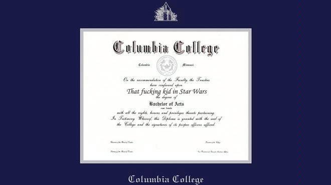 Jake Lloyd's diploma from Columbia College