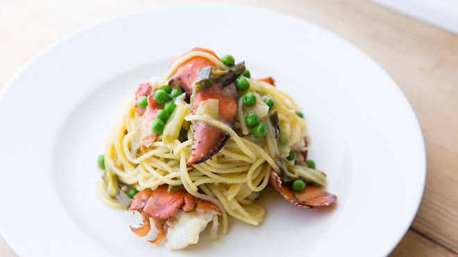 Spaghetti with lobster, spring onions and sorrel at Barchetta