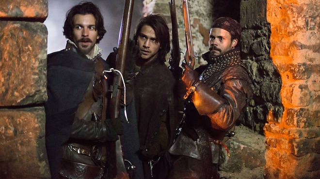 Santiago Cabrera as Aramis, Luke Pasqualino as D'Artagnan and Howard Charles as Porthos in <em>The Musketeers</em>