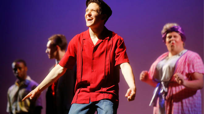 Jonah Rawitz performing as Usnavi from In the Heights alongside other finalists at the sixth annual National High School Musical Theater Awards at the Minskoff Theatre in New York City on June 30, 2014.