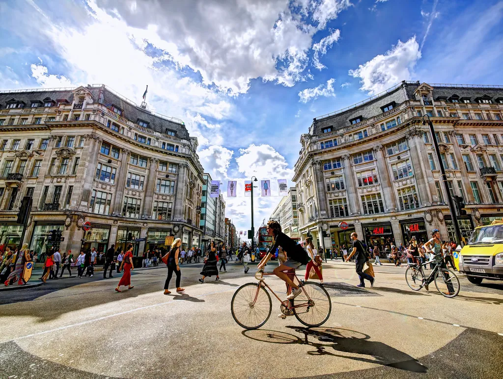 A cyclist in Oxford Circus, London.
