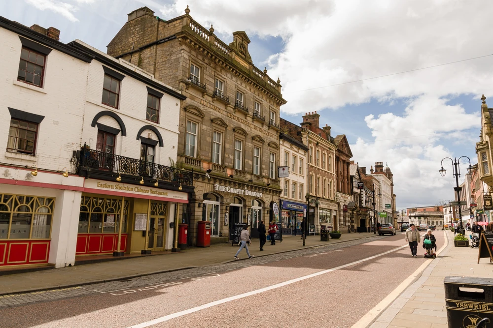 Wrexham city centre in Wales, UK
