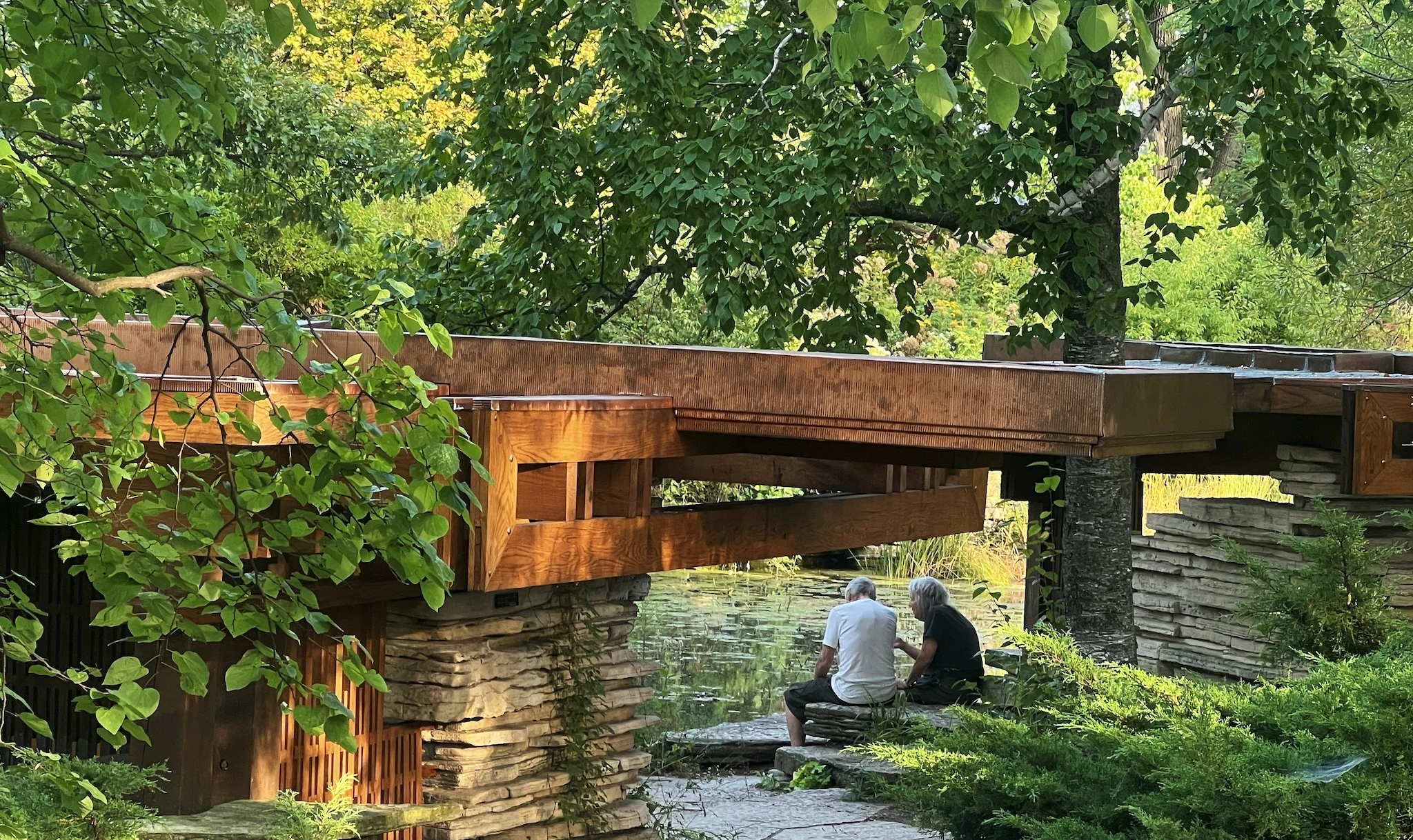 A photograph of the pavilions at Alfred Caldwell Lily Pool