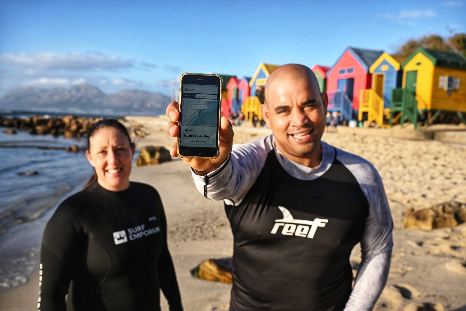 Alderman Eddie Andrewsand Councillor Izabel Sherry used the webpage to look up the water quality for the St James tidal pool in the Far South, before they enjoyed a plunge.