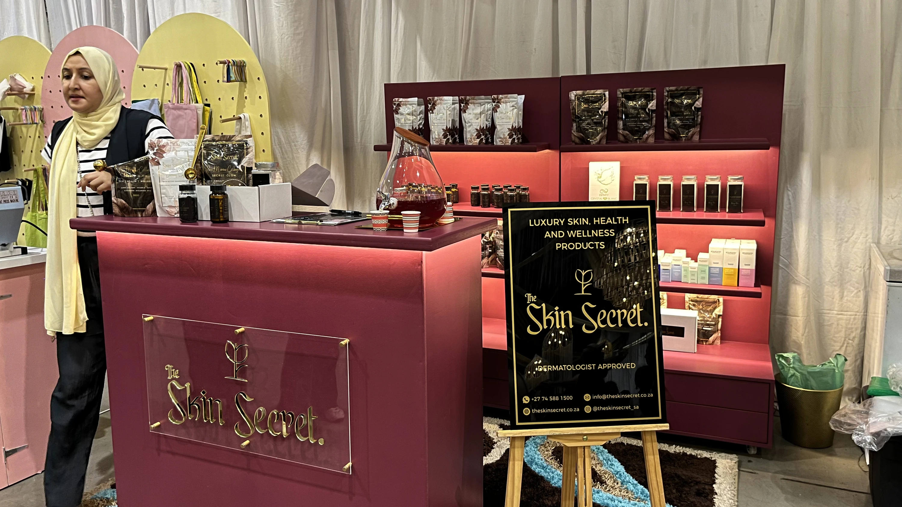 Skincare and wellness products on display at The Skin Secret&rsquo;s stall.