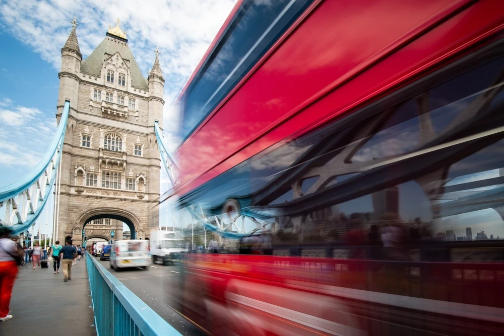 London bus on Tower Bridge