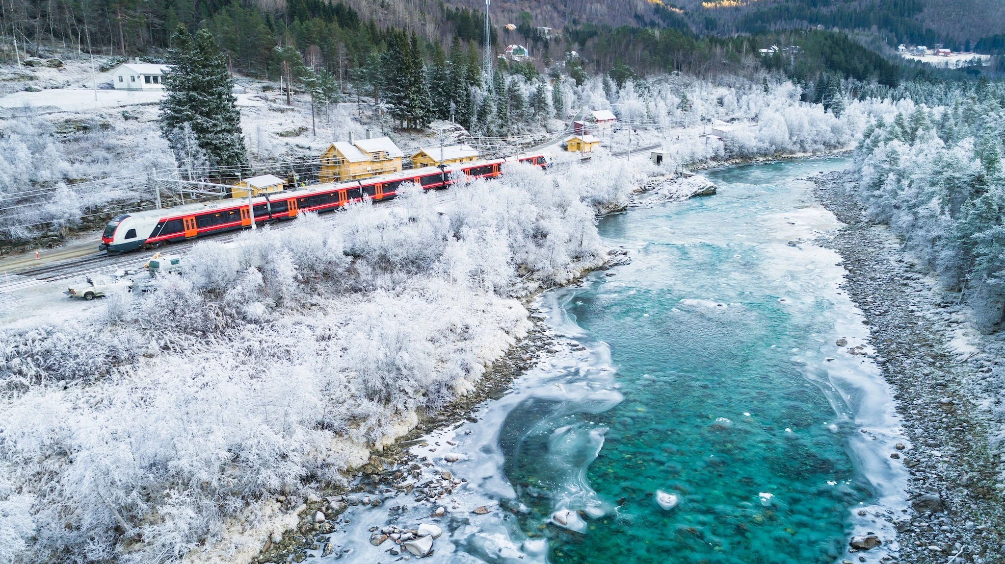Train Oslo - Bergen in mountains. Hordaland, Norway.