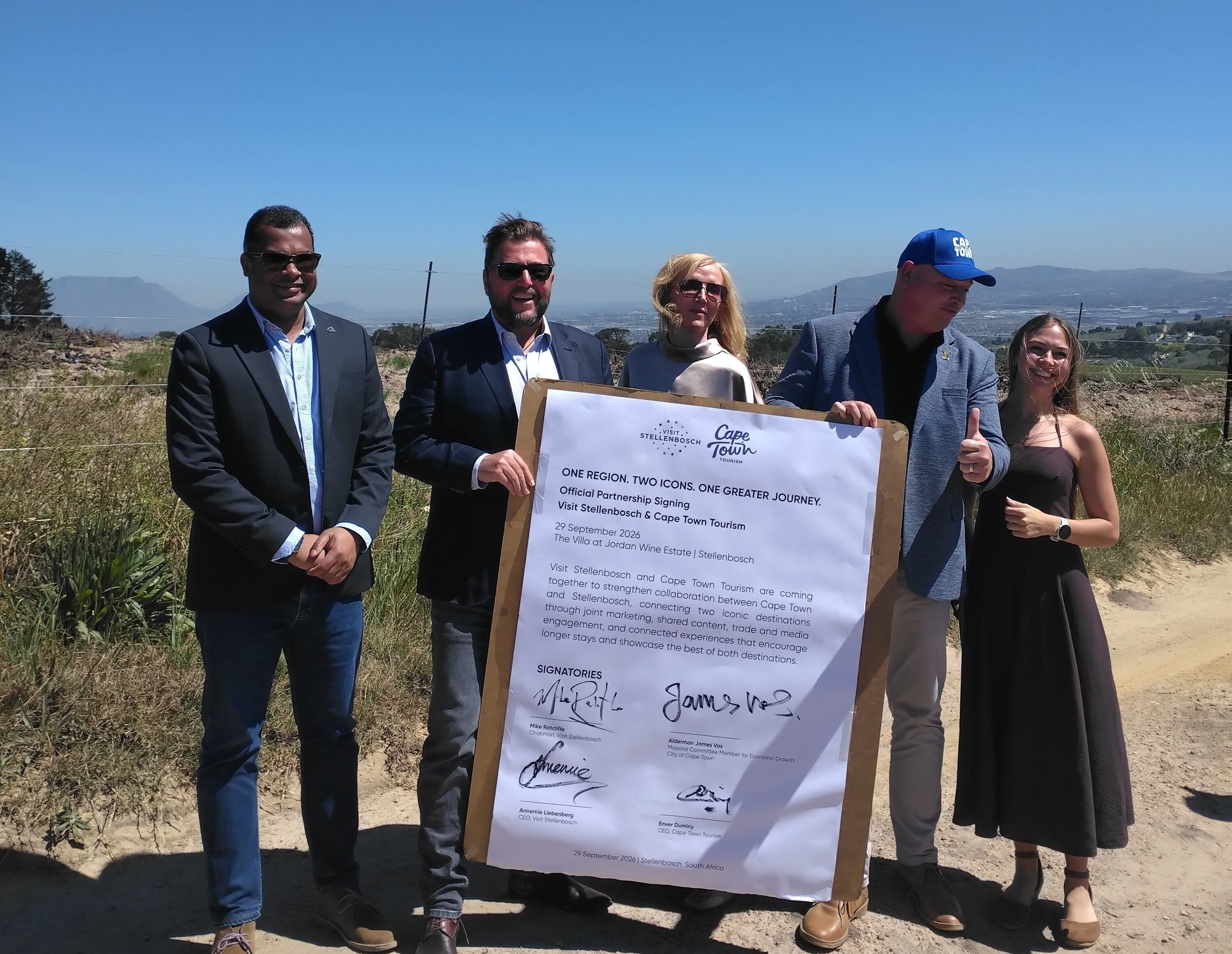 Enver Duminy, Mike Ratcliffe, CEO of Visit Stellenbosch, Annemie Liebenberg, Alderman James Vos, and Councillor (Pla