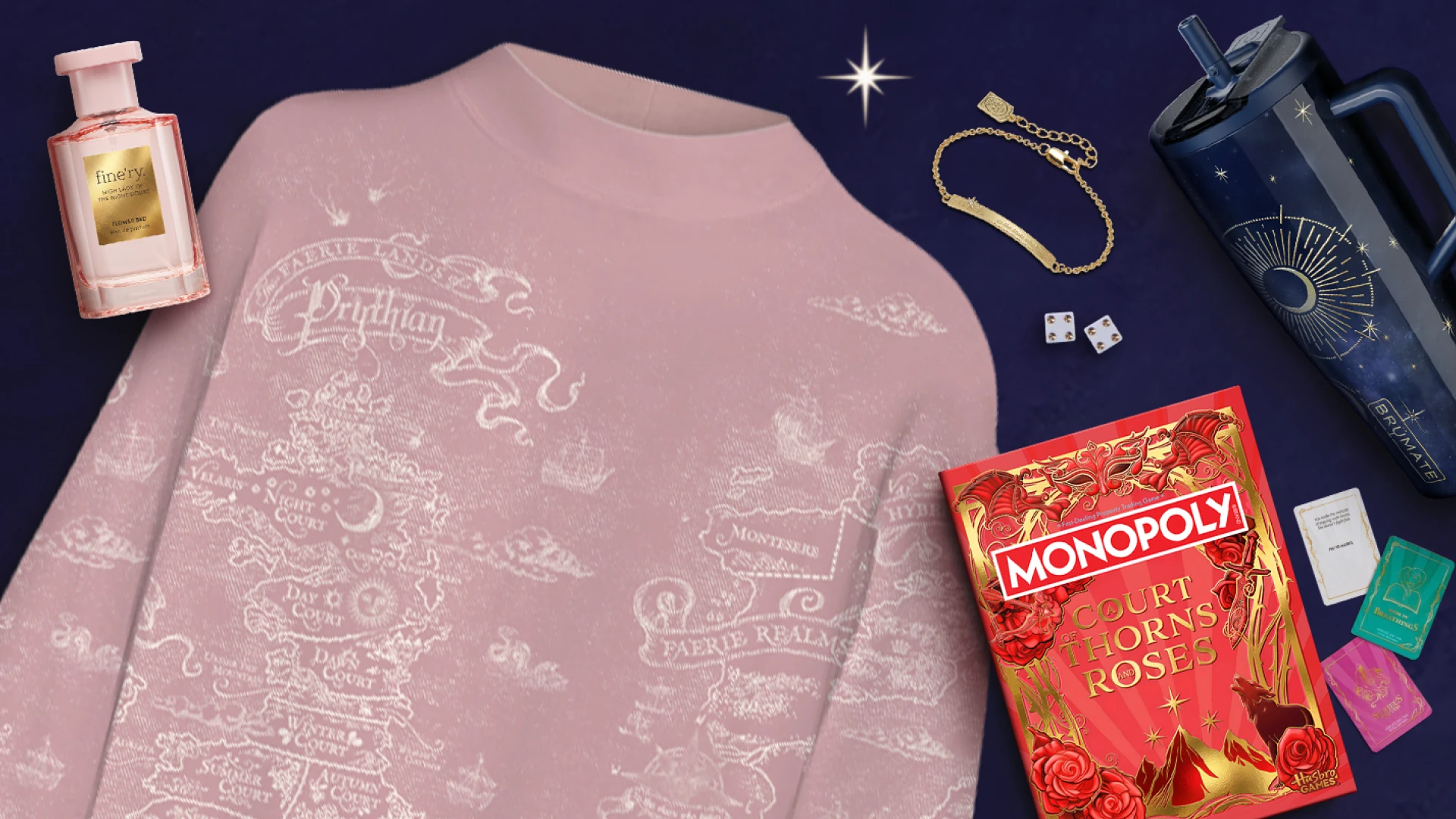 ACOTAR merch at target: a sweater, a body spray, monopoly, alix & ani bracelet and the tumbler.