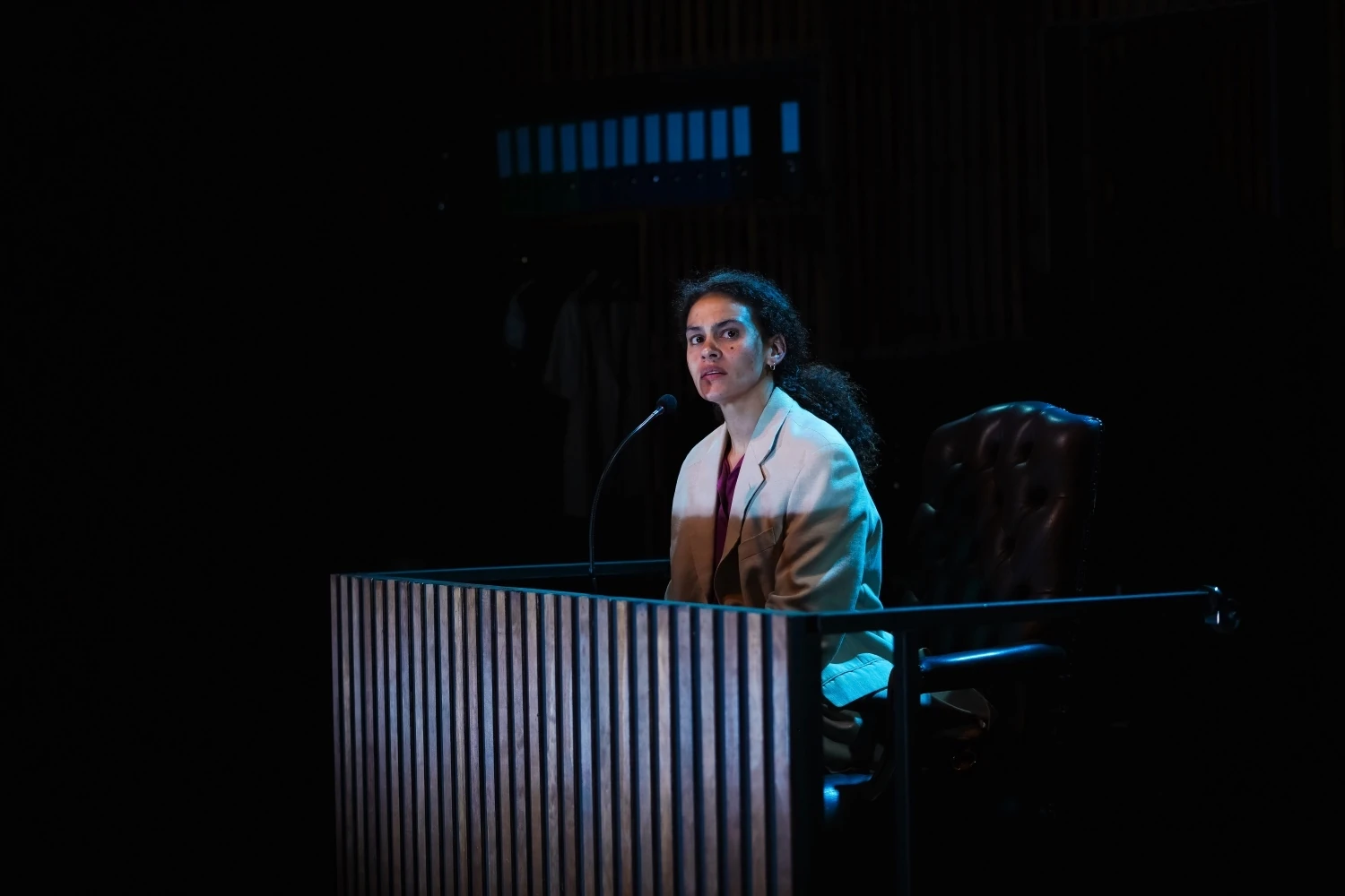Danica De La Rey Jones giving testimony as Tessa in Prima Facie.