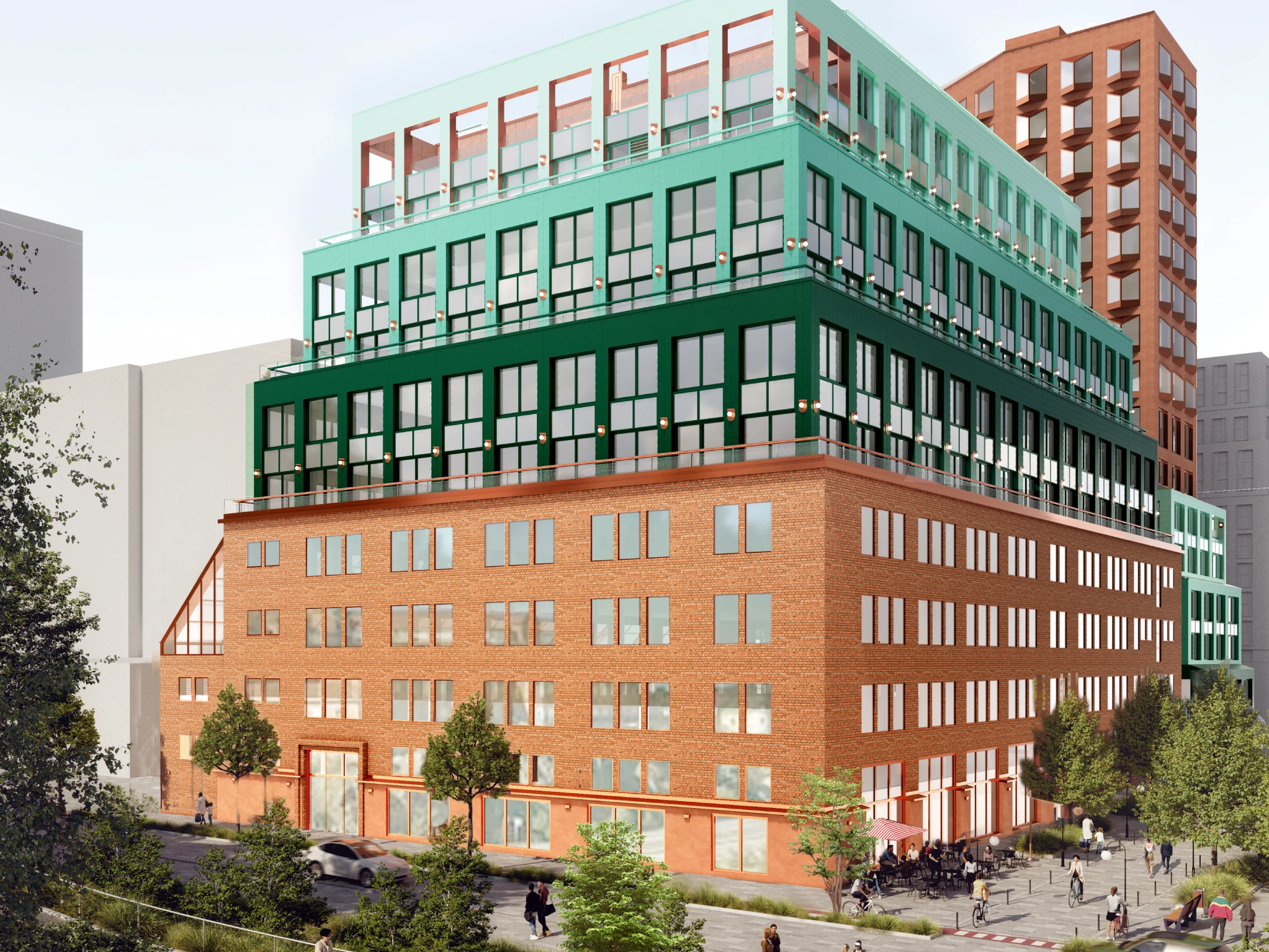 Rendering of Strawberry's planned hotel in Marievik, Stockholm: a green-tiled building in front of a tall terracotta tower, with people on the rooftop terrace and pedestrians on the street at dusk.