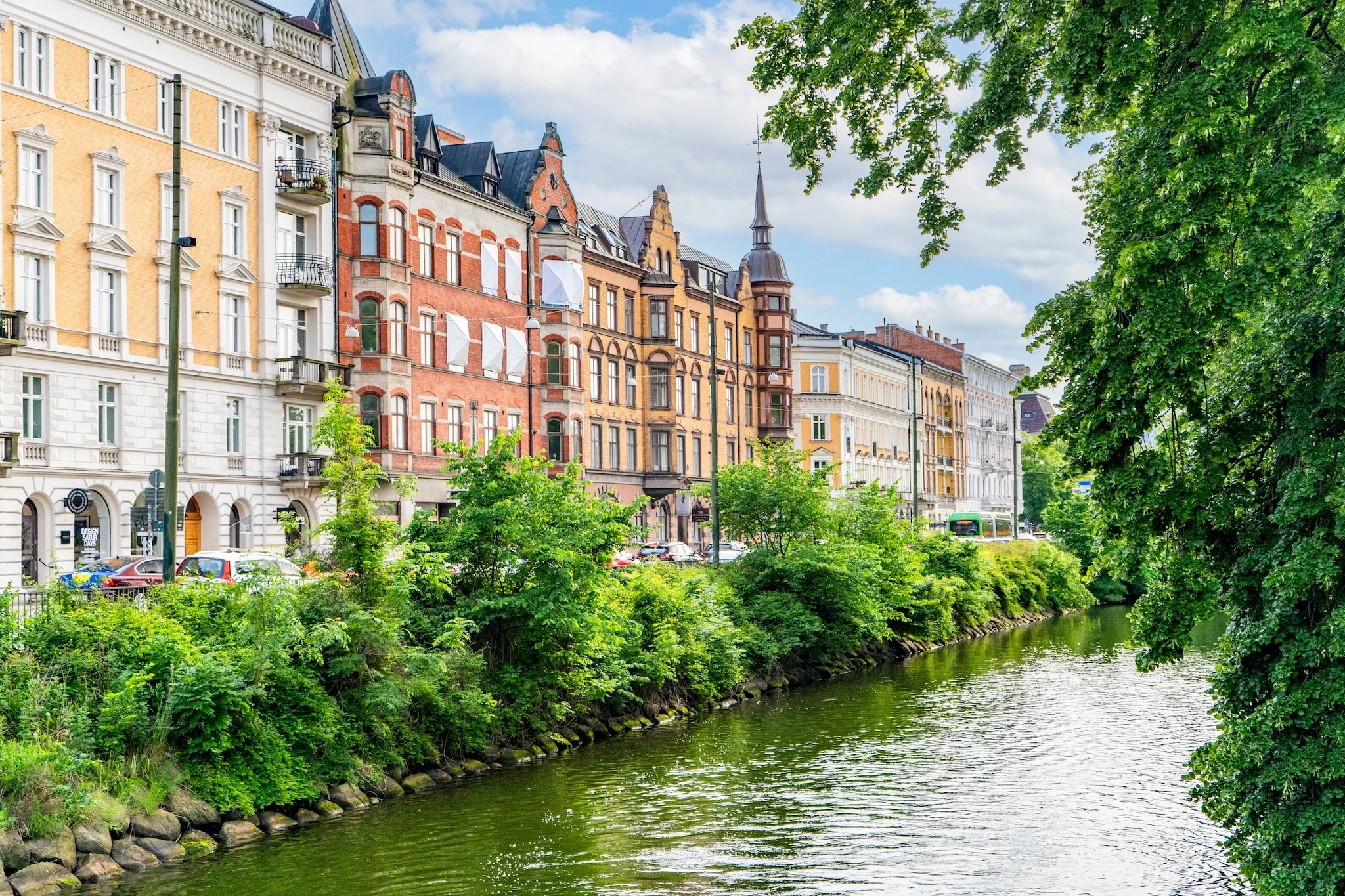Picturesque canal and historic buildings in Malmo Sweden